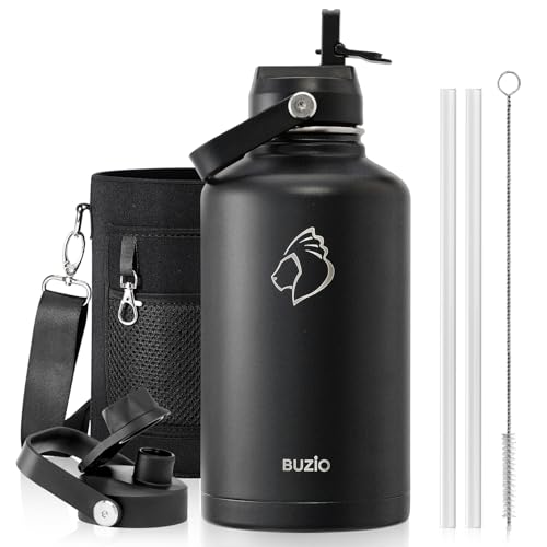قمقمه استیل 1.9 لیتری BUZIO با نی و درب دوگانه عایق دوجداره مشکی
