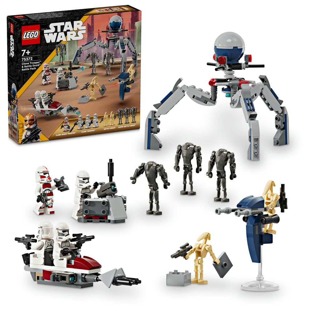 LEGO Star Wars Clone Trooper & Battle Droid Battle Pack، شامل. 4 مینی فیگور، 5 Droid و یک دوچرخه اسپیدر با شوتر - ساخت اسباب بازی برای پسران و دختران 7 سال به بالا 75372