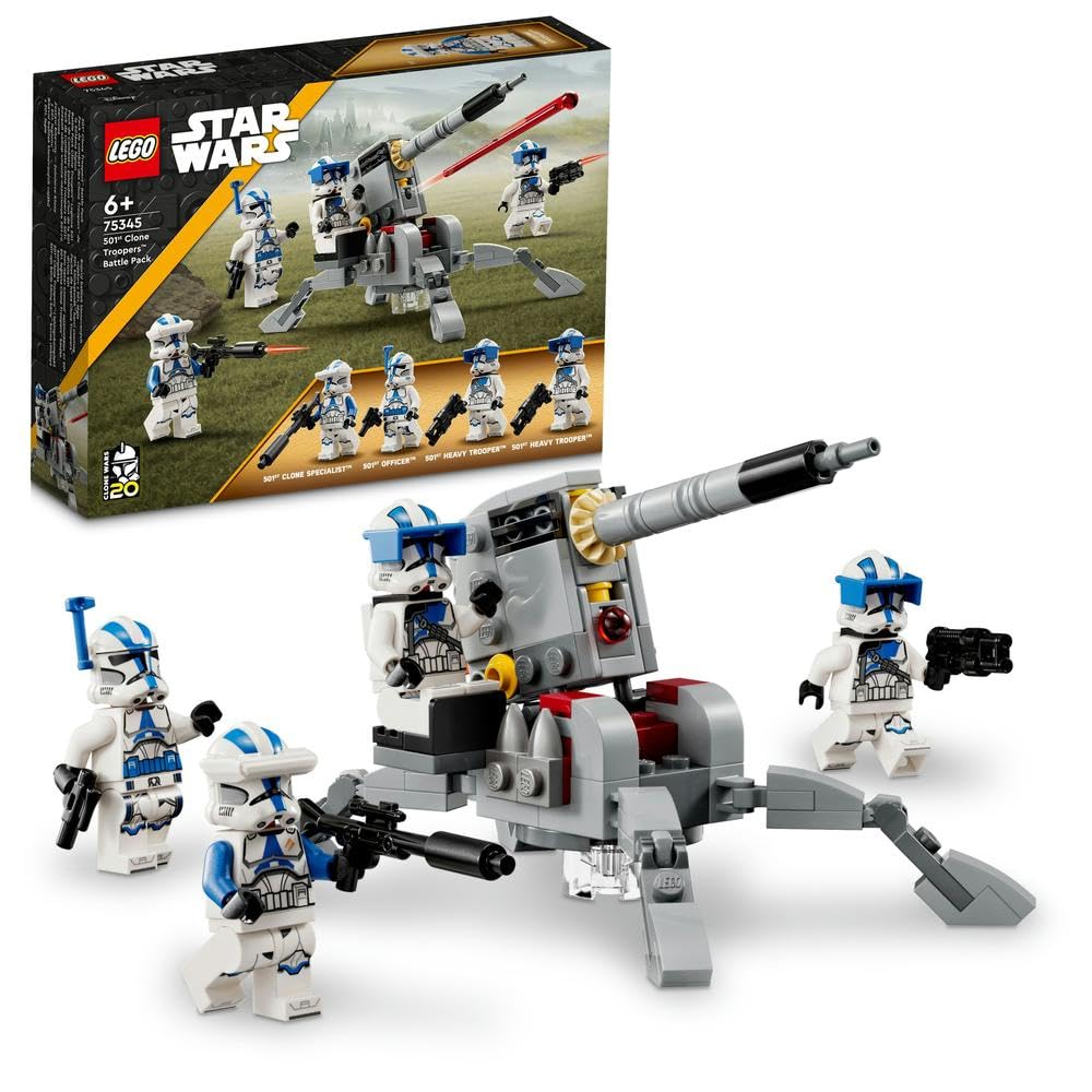 مجموعه بسته نبرد 501st Clone Troopers LEGO 75345 Star Wars، اسباب بازی قابل ساخت با توپ ضد خودرو AV-7 و تیرانداز با فنر به همراه 4 کاراکتر