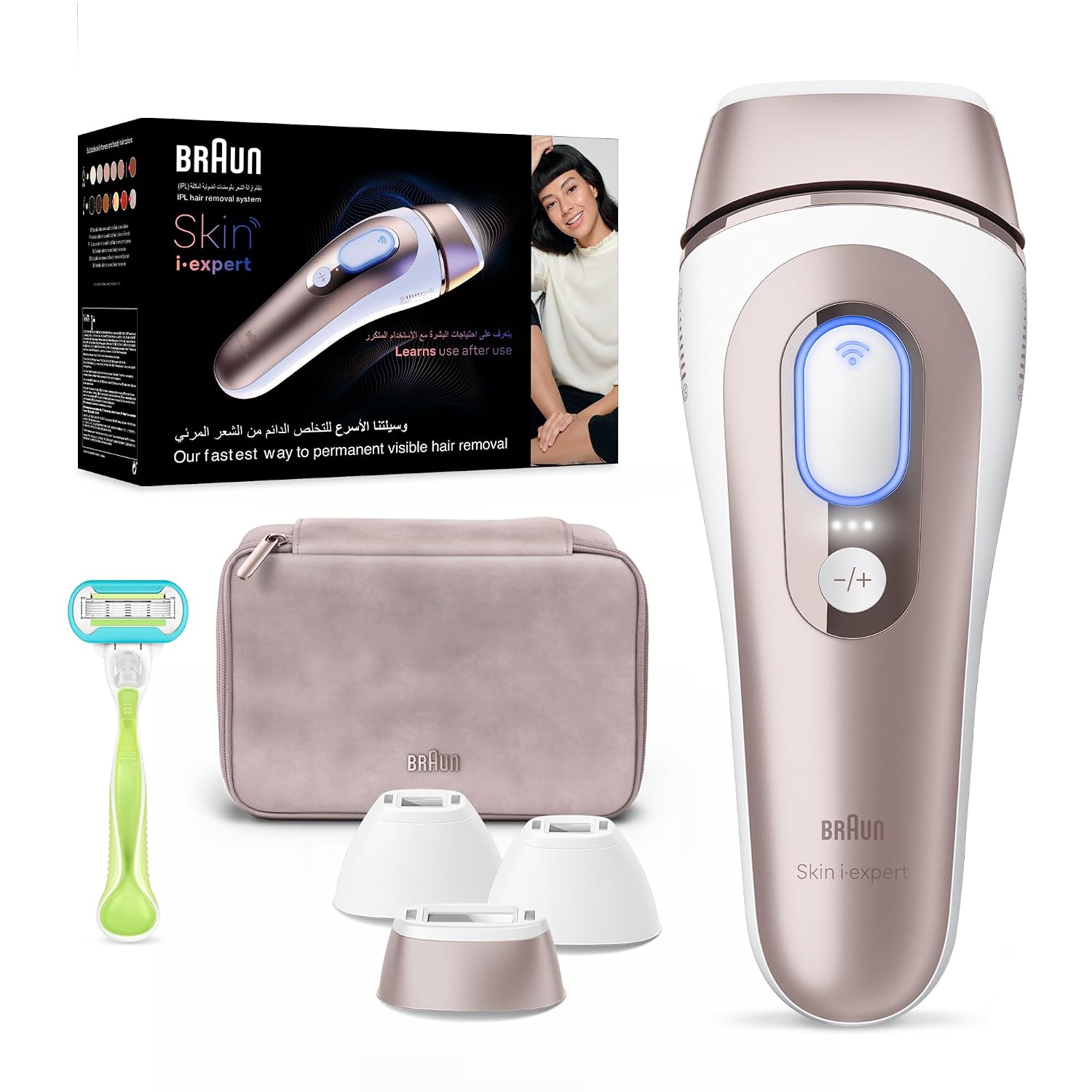 Braun IPL Skin i·expert، لیزر خانگی، دستگاه حذف موهای زائد IPL، حذف دائمی موهای مرئی، IPL هوشمند با برنامه متصل، 3 سر، Venus Razor، PL7257