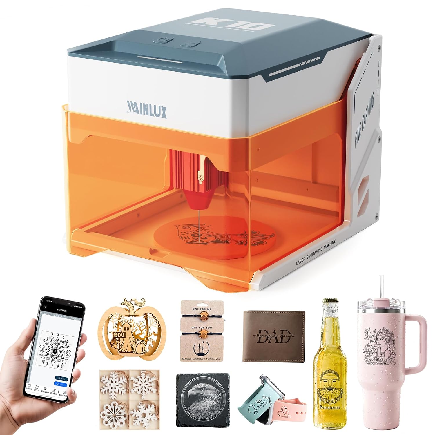 دستگاه حکاکی لیزری WAINLUX K10، دستگاه حکاکی لیزری قابل حمل 5000 مگاواتی و دستگاه برش برای پارچه شیشه ای فلزی با روکش چرم چوب، کلاس 1 برای DIY از سیستم Win/Mobile/Class 1 آفلاین پشتیبانی می کند.