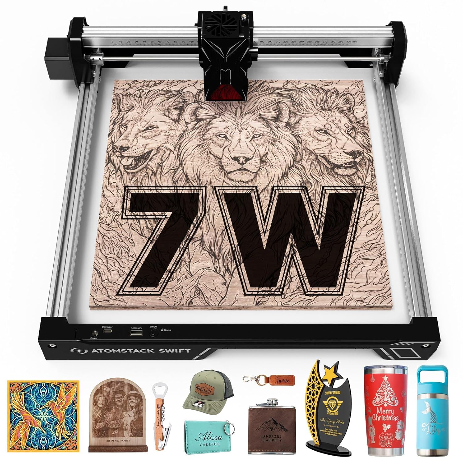 حکاکی لیزری ATOMSTACK Swift 7W، برش لیزری Swift 7W، دستگاه حکاکی لیزری 0.06mm با دقت بالا برای چوب و فلز، اکریلیک تیره، شیشه، چرم مشکی
