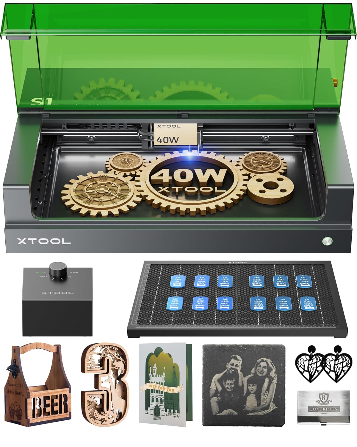 دستگاه برش و حکاکی لیزر محصور xTool S1 40W، با کمک هوا و لانه زنبوری، 419 * 319 میلی متر برای فرآیند دسته ای، دستگاه برش لیزری و حکاکی 600 میلی متر بر ثانیه برای چوب، فلز، اکریلیک، شیشه...