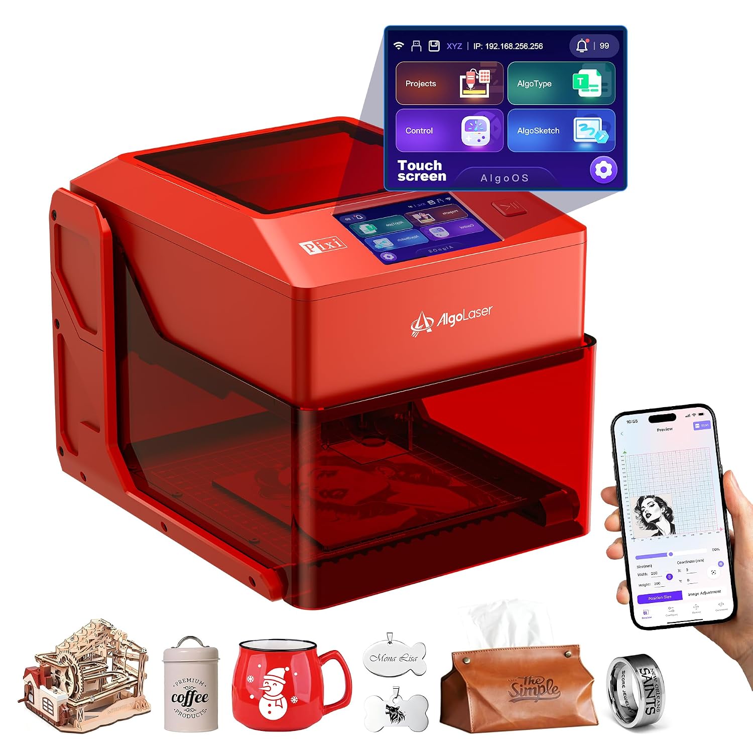 دستگاه برش و حکاکی لیزری AlgoLaser Pixi 10W | حکاکی و برش لیزری، AlgoOS، بدون نیاز به کامپیوتر، سازگار با LightBurn و لیزرGRBL، طراحی دسکتاپ فشرده