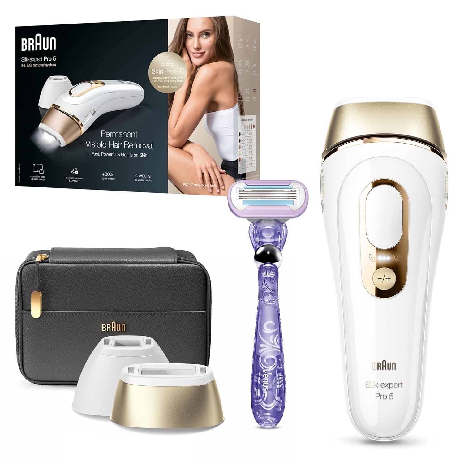 Braun Silk·expert Pro 5، لیزر خانگی، دستگاه حذف موهای زائد IPL، حذف دائمی موهای مرئی، 1 استاندارد و 1 تیغ دقیق سر و ونوس، هدیه برای زنان، PL5147، سفید/طلا