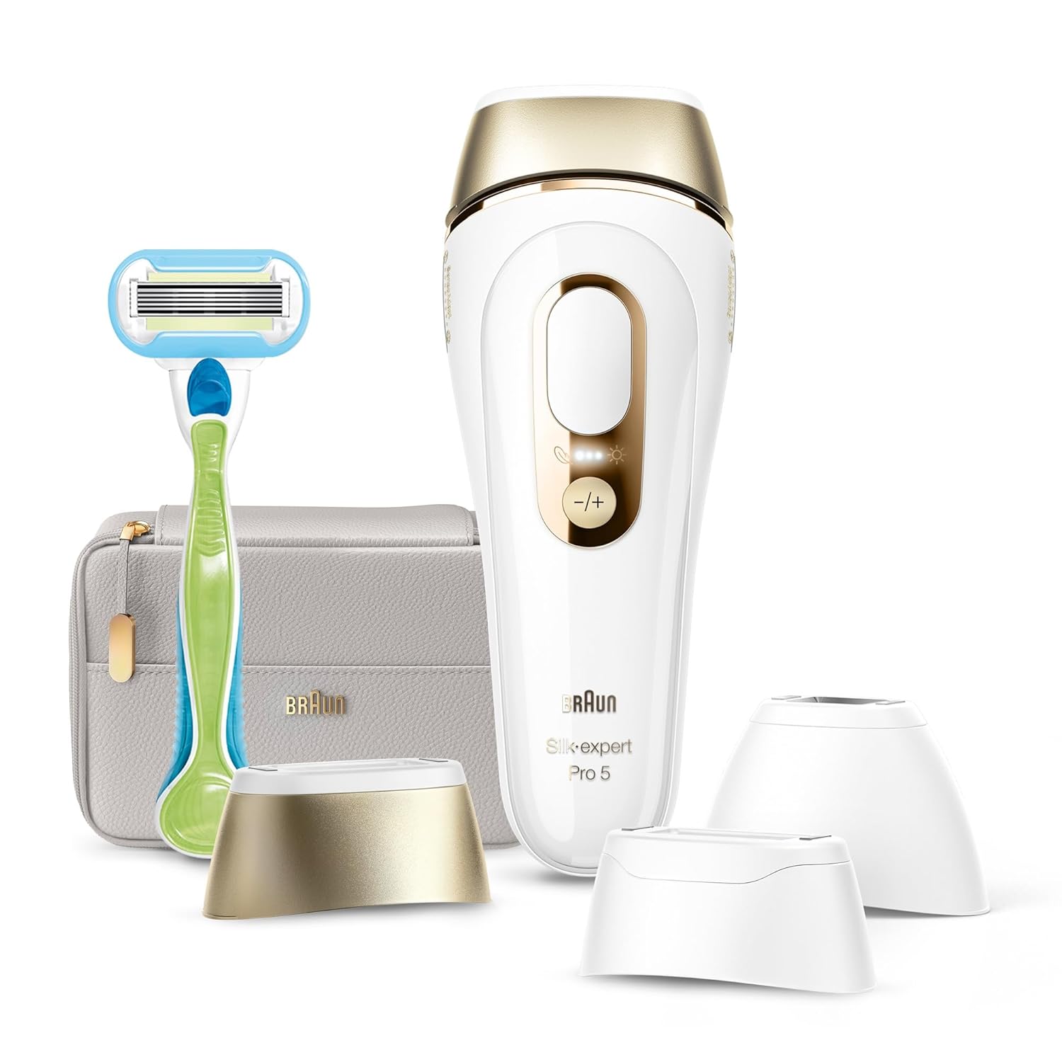 دستگاه لیزر خانگی Braun Silk·expert Pro 5، دستگاه رفع موهای زائد IPL، رفع دائمی موهای زائد قابل مشاهده، ۱ عدد استاندارد و ۱ عدد دقیق و ۱ عدد سر پهن و تیغ Venus، هدیه برای خانمها، PL5257، سفید/طلایی