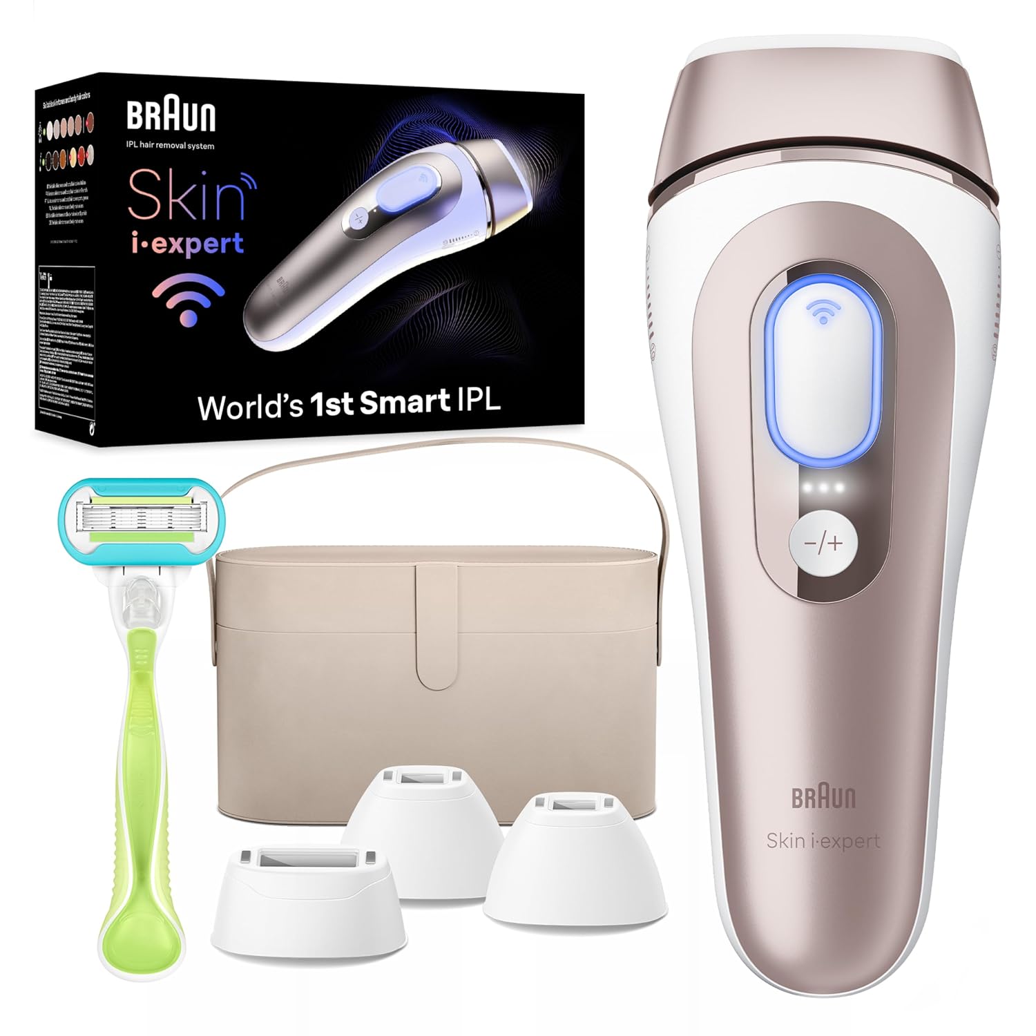 براون IPL Skin i·expert، لیزر موهای زائد خانگی، هدایای تعطیلات برای زنان و مردان با اپلیکیشن رایگان، کیف روشویی، تیغ ونوس، 4 سر هوشمند، PL7387