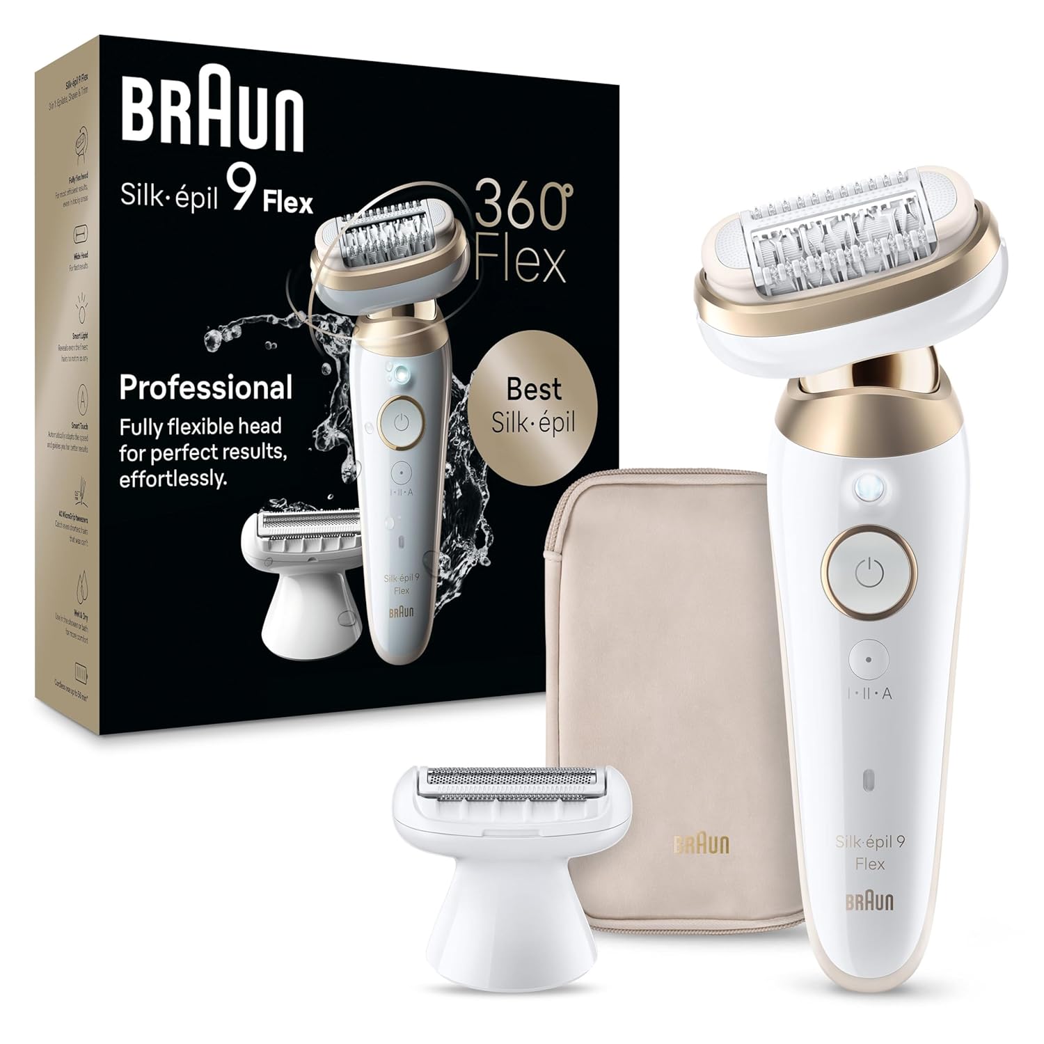 اپیلاتور Braun Silk-épil 9 Flex، 360 Flex and Pivoting Head، مرطوب و خشک، شامل سر ریش تراش، شانه موبر، SES9-041 3D، طلای رنگی، هدایای تعطیلات برای زنان