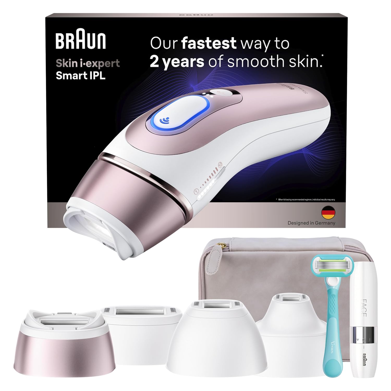 Braun Smart IPL، Skin i·Expert Pro 7: لیزر موهای زائد در خانه برای زنان و مردان، کاهش دائمی موهای مرئی، با اپلیکیشن رایگان، کیف روشویی، تیغ ونوس، 2 سر هوشمند، اصلاح صورت، IPL7219
