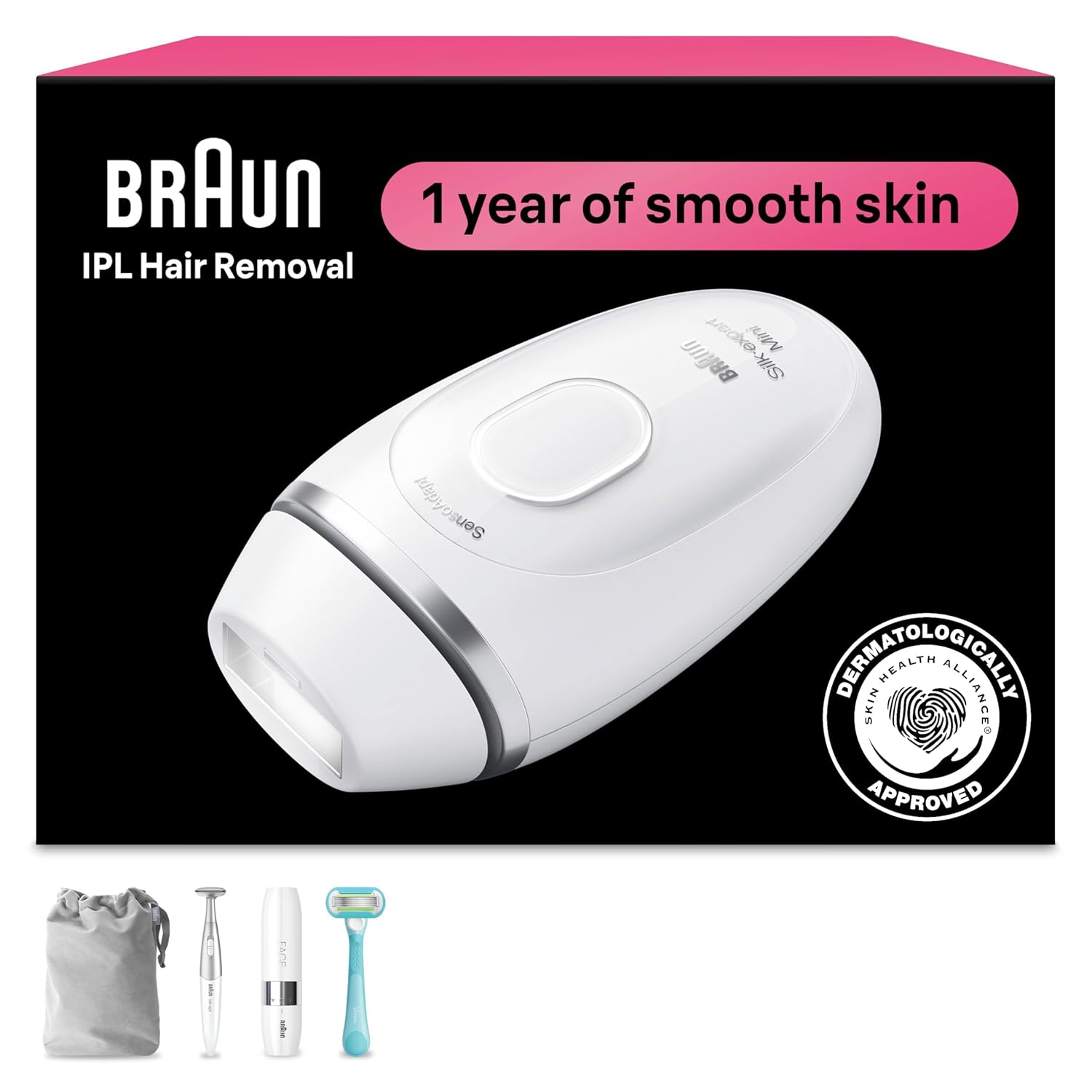 دستگاه حذف موهای زائد IPL سیمی Braun Silk-Expert Mini IPL1115، لیزر موهای زائد خانگی زنانه و مردانه با کیف، تیغ ونوس، اصلاح صورت، اصلاح کننده بیکینی