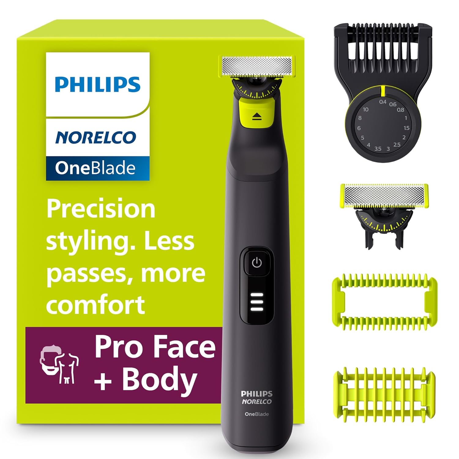 صورت + بدنه Norelco Philips OneBlade Pro 360، ریش تراش برقی، ریش ریش و اصلاح کننده بدن، با فناوری تیغه 360، شانه دقیق 14 طول، کیت بدنه، کیسه نرم، مدل QP6542/70