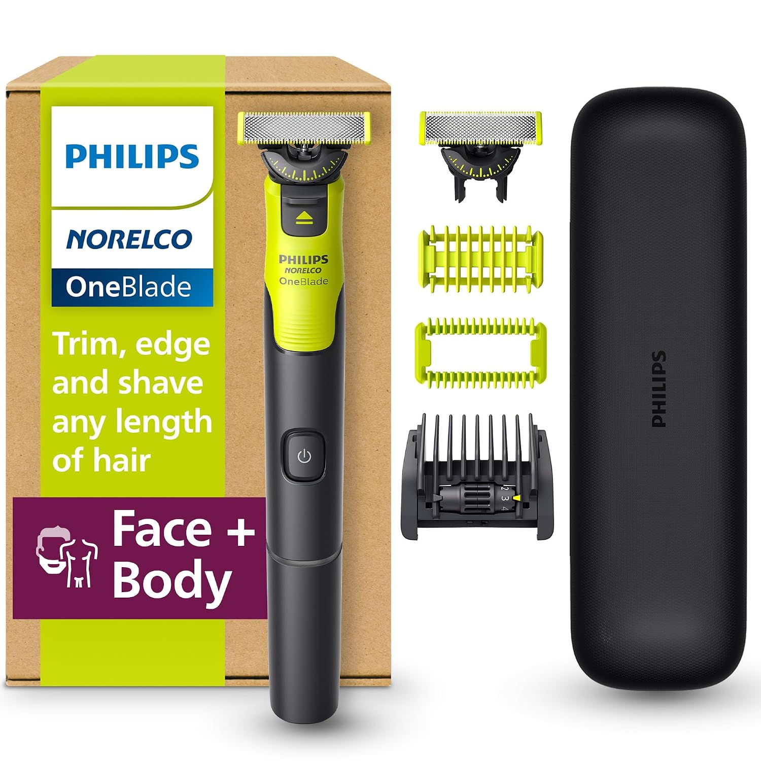 Philips Norelco OneBlade 360 با قابلیت اتصال - ماشین اصلاح هیبریدی صورت و بدن، ماشین اصلاح و اصلاح با فناوری 360 Blade، تیغه 1x360، شانه 5 در 1، کیت بدنه، کیف مسافرتی