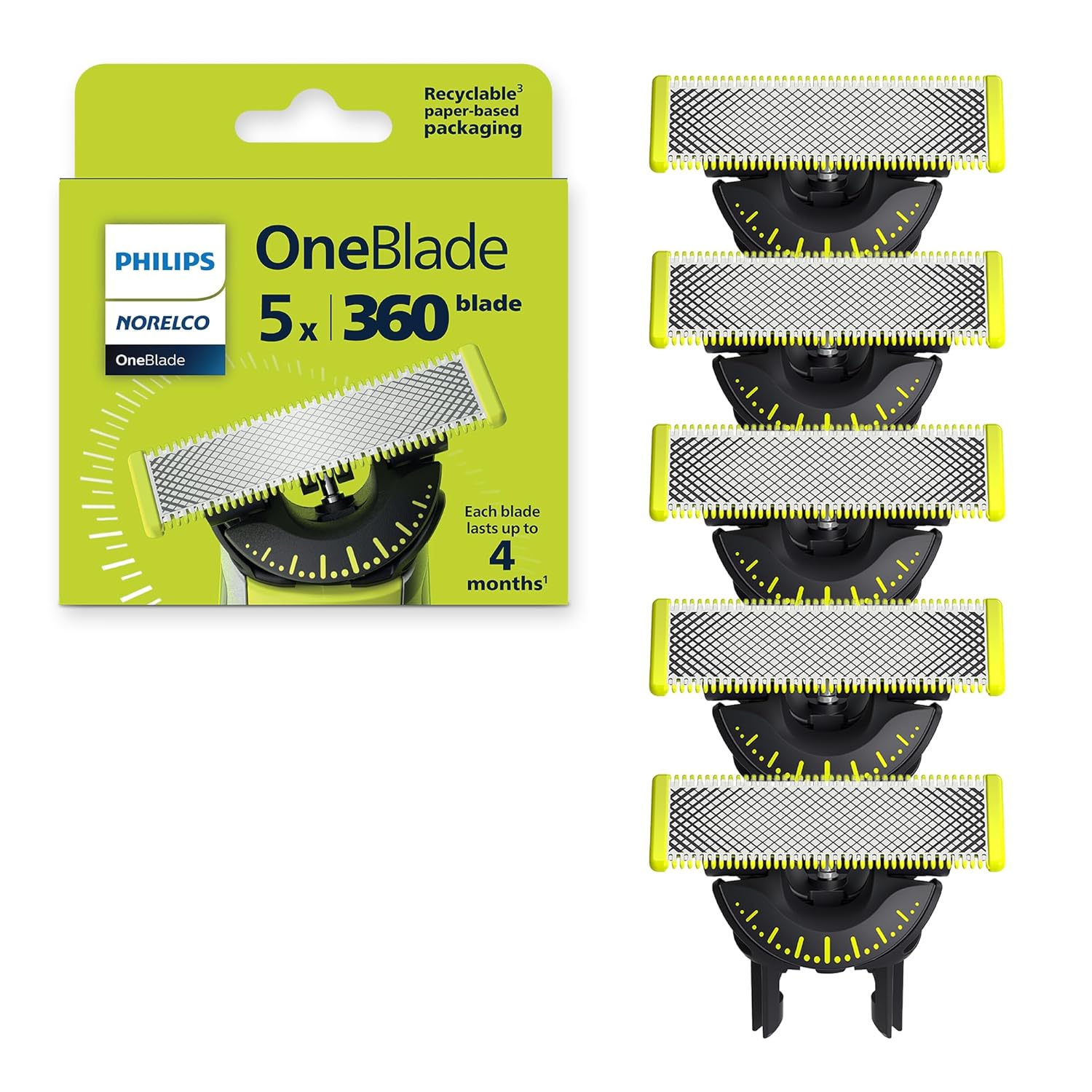 تیغه های Philips Norelco OneBlade 360، تیغه های جایگزین اصلی برای ماشین اصلاح و اصلاح کننده برقی OneBlade، فولاد ضد زنگ بادوام، 5 بسته، QP450/80
