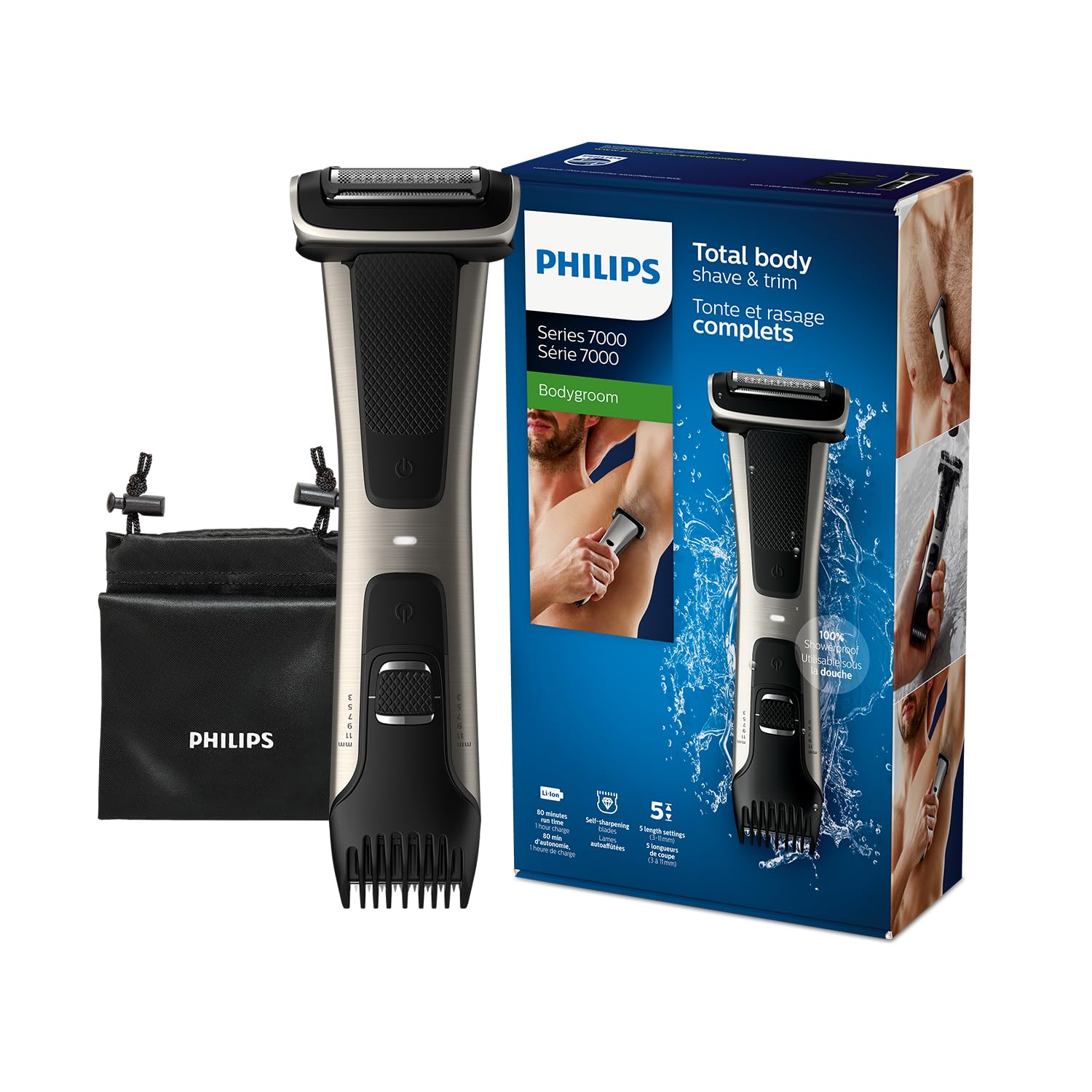 Philips Bodygroom BG7025/13 | صاف کننده کشاله ران و بدن ضد دوش | ماشین اصلاح بدن، شانه قابل تنظیم 5 طول | 80 دقیقه شارژی، محافظ پوست