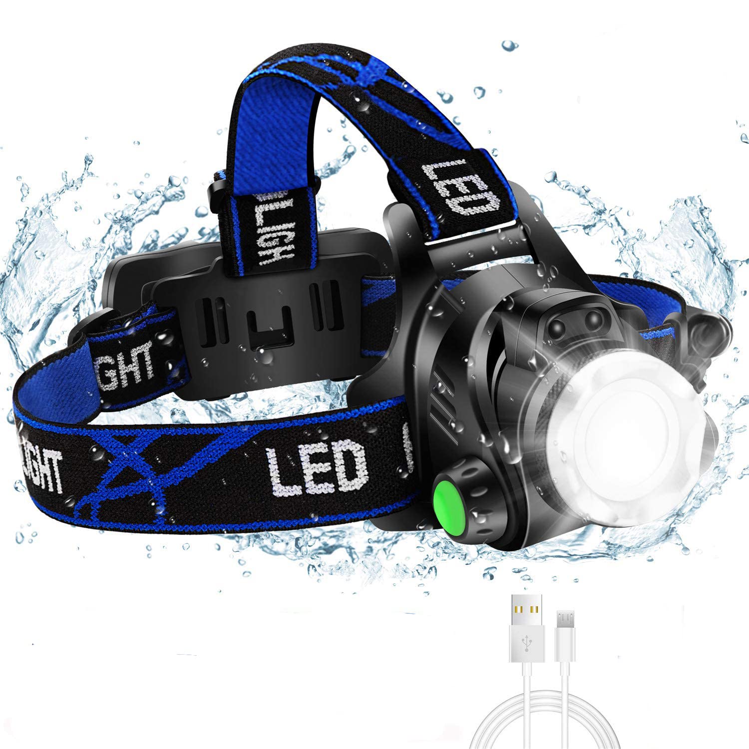 چراغ پیشانی فوق روشن USB شارژی LED چراغ جلوی قابل زوم ضد آب IPX4 با 4 حالت و نور کلاه سخت پیشانی بند قابل تنظیم مناسب برای کمپینگ پیاده روی در فضای باز شکار دویدن