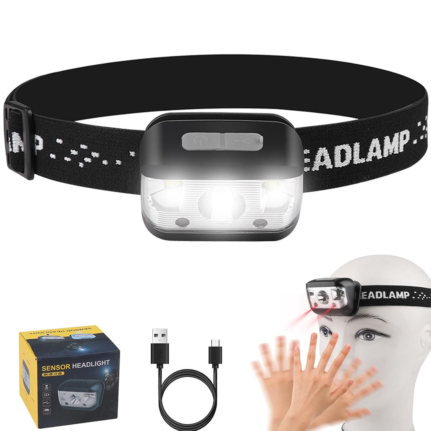 چراغ جلو 3000 لومن فوق روشن USB قابل شارژ LED لامپ ضد آب قابل تنظیم حسگر حرکتی مناسب برای کمپینگ در فضای باز دویدن دوچرخه سواری ماهیگیری هنگام استفاده