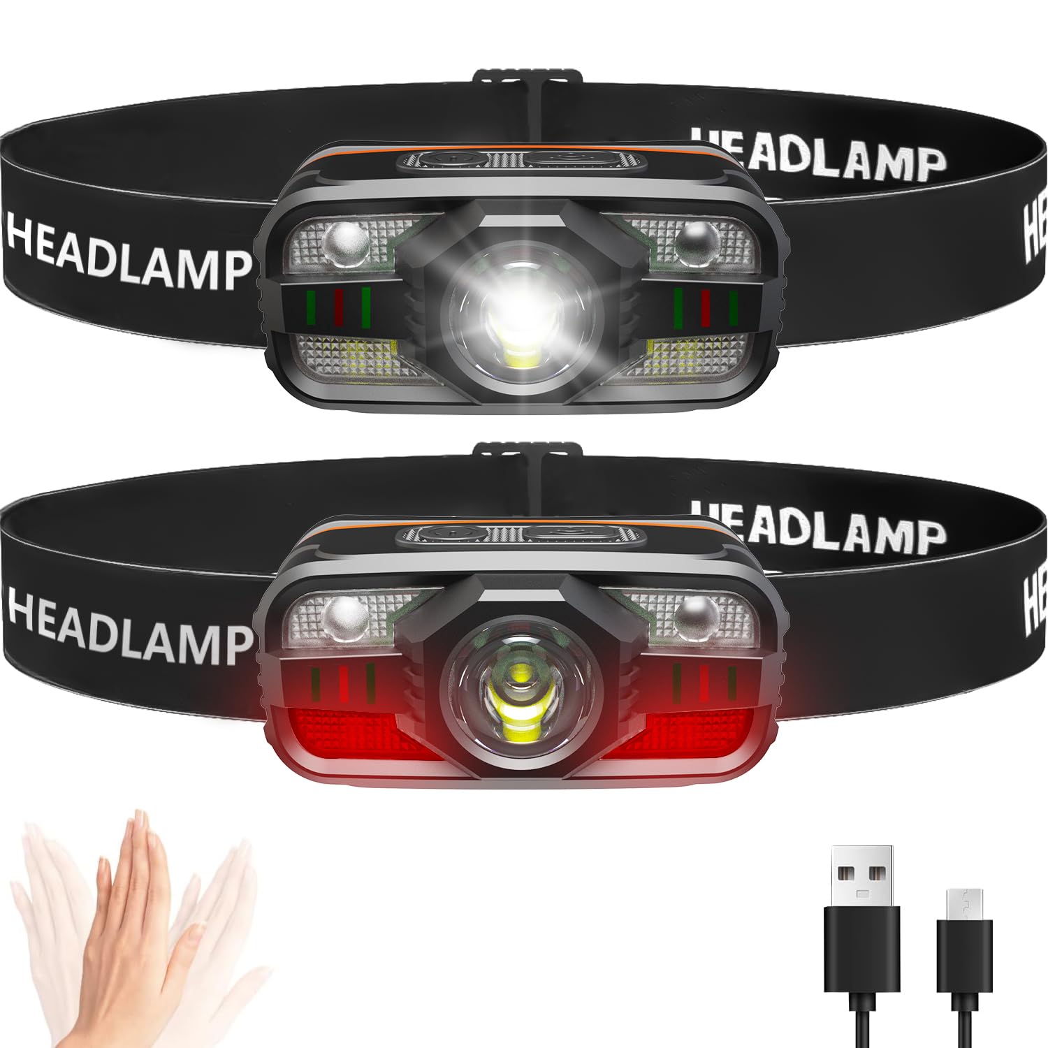 مشعل شارژی سر چراغ جلو چراغ جلوی LED فوق روشن 11 حالت نور با کنترل سنسور چراغ هشدار قرمز چراغ جلو سبک وزن و ضد آب مناسب برای دویدن کمپینگ 2 پک