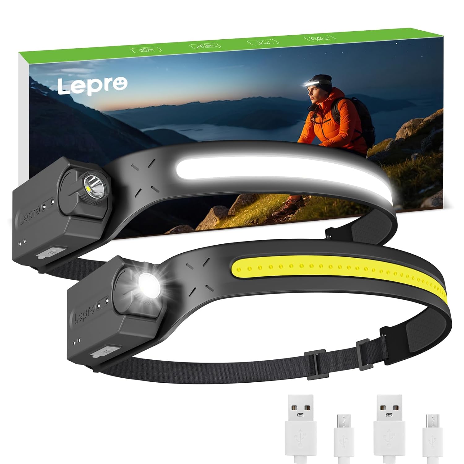 چراغ جلوی شارژی 2 بسته ای Lepro با سنسور حرکت فوق العاده روشن با سنسور حرکت نورافکن قابل تنظیم 230 پرتو عریض 5 حالته لامپ سبک وزن ضد آب برای دویدن کمپینگ