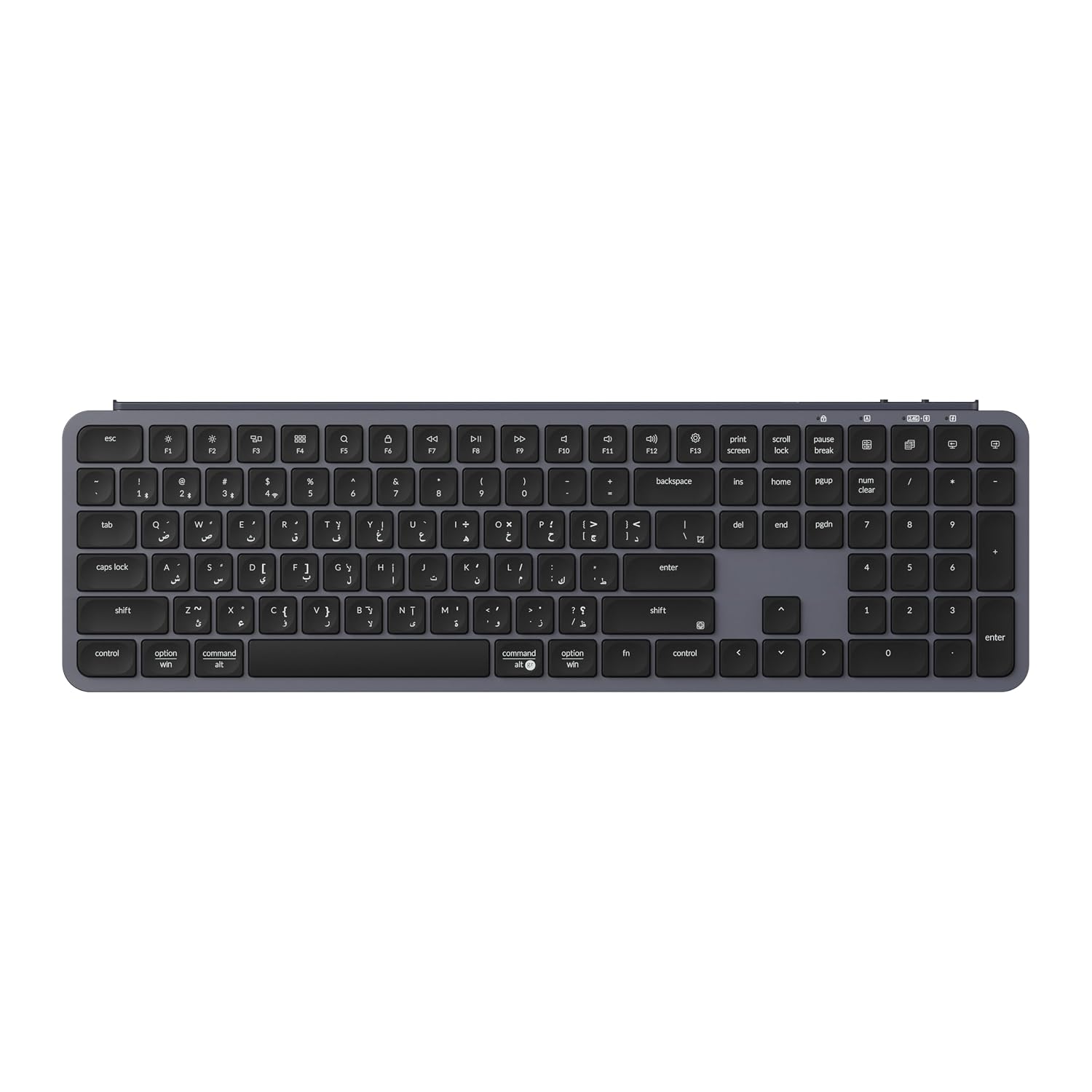 صفحه کلید بی سیم فوق باریک B6 Pro با طرح دو زبانه عربی انگلیسی 65 قیچی فشرده بلوتوث 5224 گیگاهرتز USB-C باتری 1200 ساعته قابل برنامه ریزی از طریق ZMK