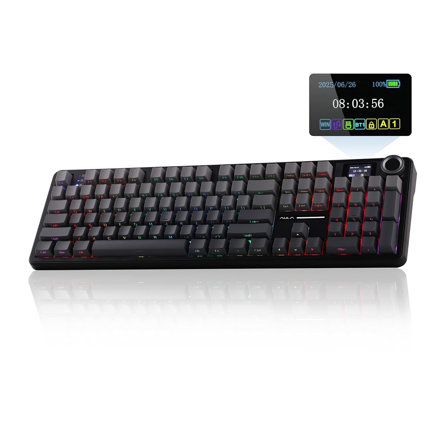 صفحهکلید گیمینگ بیسیم EPOMAKER X AULA F108 PRO با صفحهنمایش، باتری 8000 میلیآمپر ساعتی، 104 کلید و دستگیره قابل تعویض و برنامهریزی، نور پسزمینه RGB، برای Mac/PC/Android (شیب سیاه)