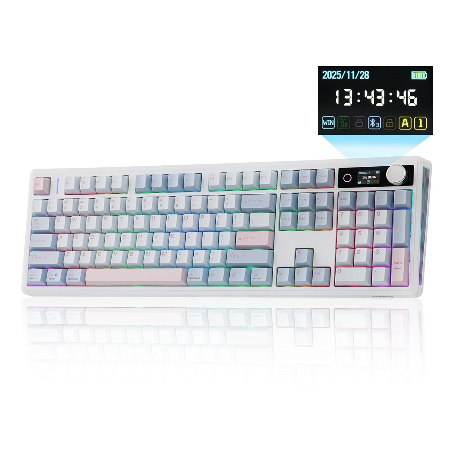 صفحهکلید مکانیکی سایز کامل EPOMAKER TH108 V2 PRO با صفحهنمایش و دستگیره، 10000 میلیآمپر ساعت، BT/2.4 گیگاهرتز، درپوش کلید PBT اصلاحکننده مک، تعویض داغ، RGB، واشر، صفحهکلید بازی بیسیم برای Mac/PC (آبی، نمک دریایی بیصدا)