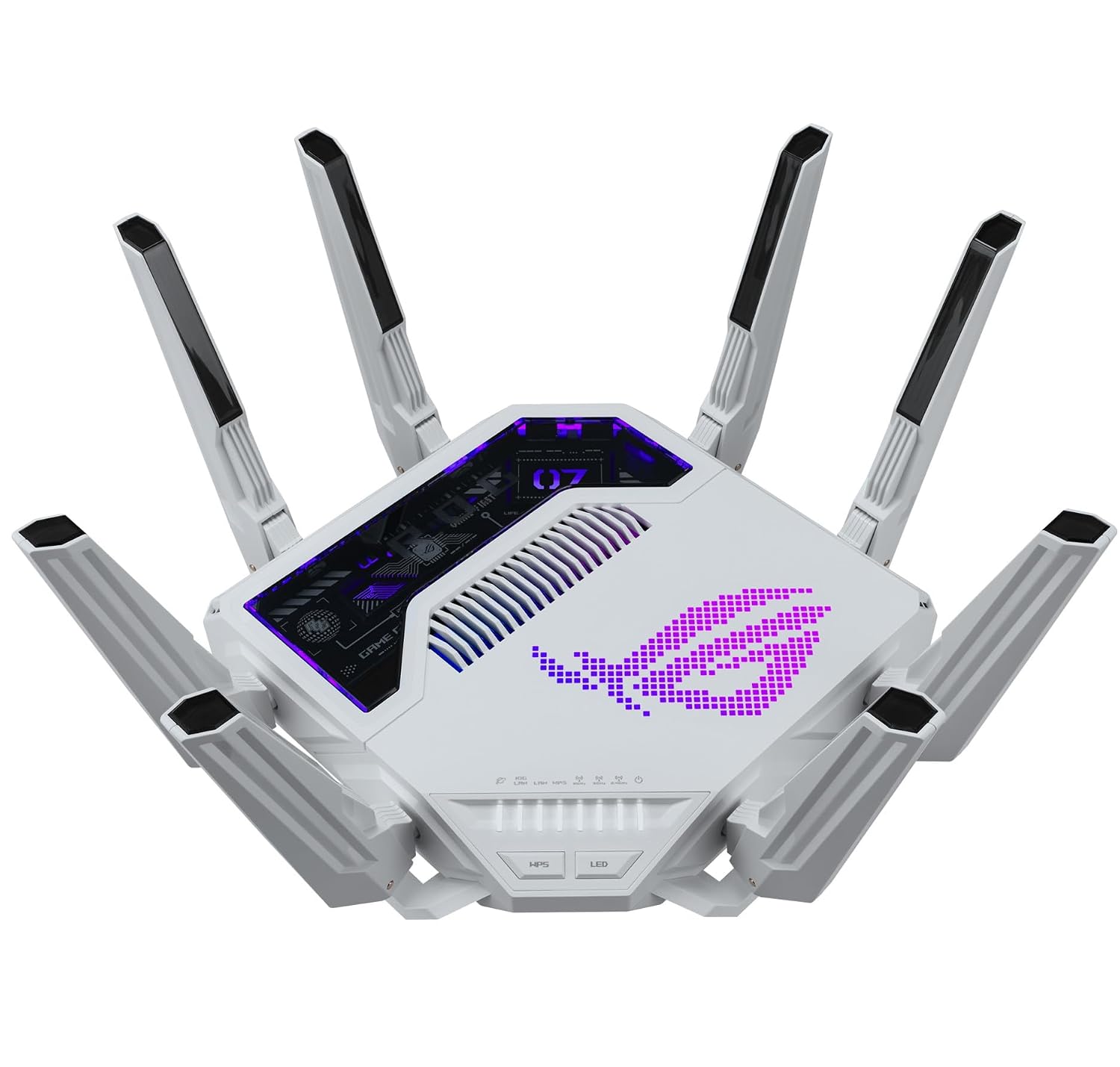 روتر بازی سه باند ایسوس ROG Rapture GT-BE19000AI (WiFi 7، 802.11be، تا 3500 فوت مربع و بیش از 200 دستگاه، سطح امنیتی سه گانه، پشتیبانی از AiMesh Whole Home Mesh WiFi، Dual 10G) - سفید