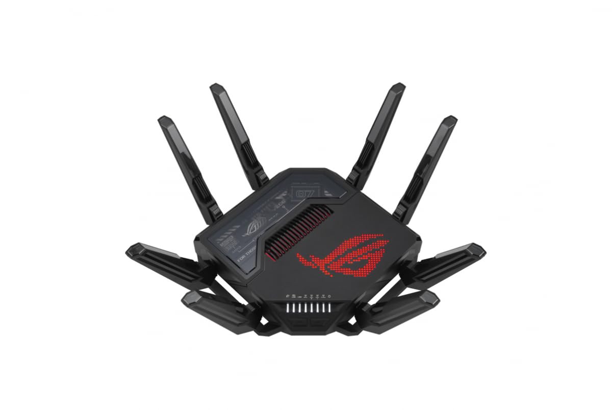 روتر گیمینگ چهاربانده ASUS ROG Rapture GT-BE98 7 AiMesh، 25 گیگابیت بر ثانیه، 320 مگاهرتز، 4K-QAM، دو درگاه 10G، چهار درگاه 2.5G، VPN، اتصال تلفن همراه 4G LTE/5G - مشکی