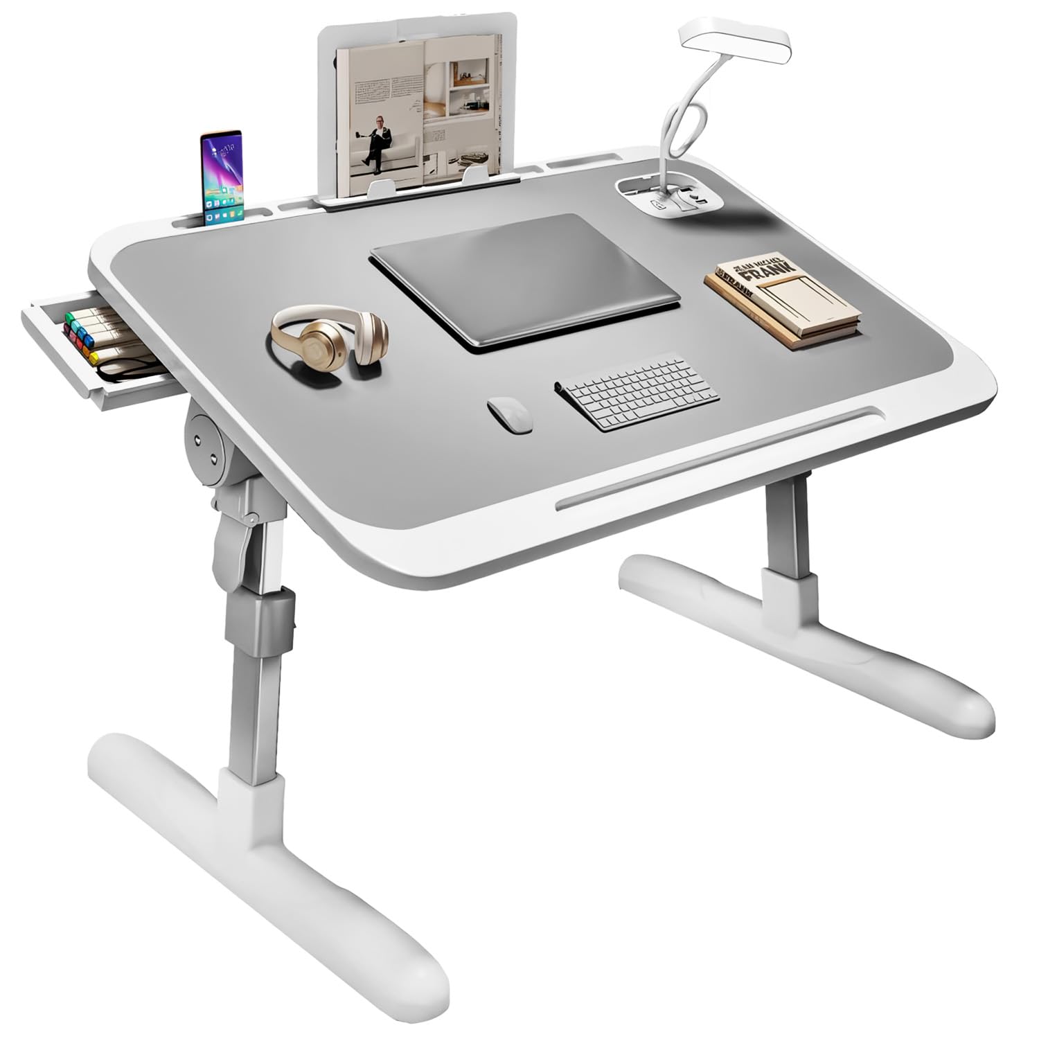 میز تخت خواب لپ تاپ تنظیم ارتفاع میز لپ تاپ تنبل با نور LED میز کامپیوتر تاشو میز تخت قابل حمل با کشوی کناری پایه مطالعه شارژ USB برای کار مطالعه خوابگاه