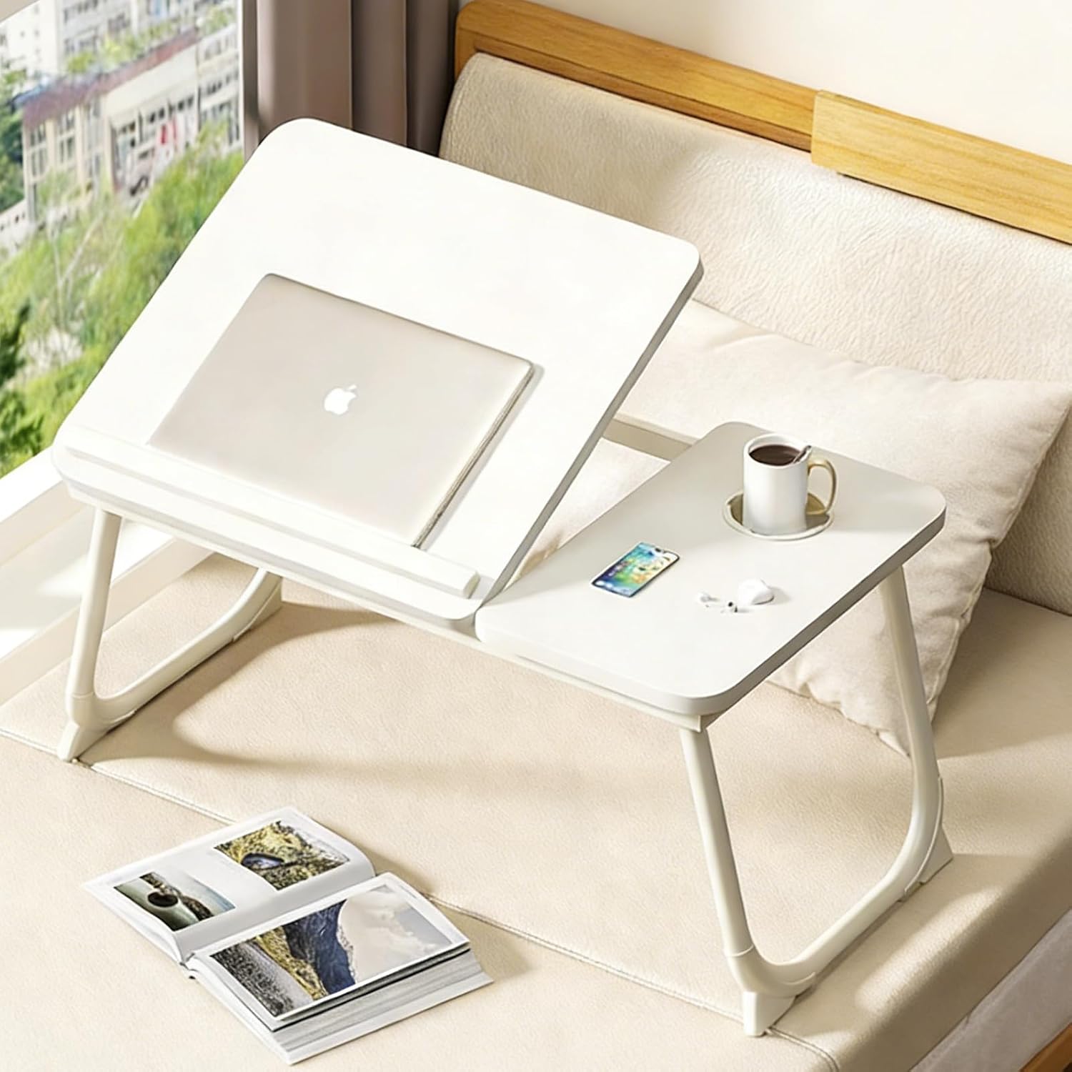 میز لپ تاپ Beauenty برای تخت کاناپه میز رومیزی برای لپ تاپ قابل حمل قابل تنظیم شیب ارتفاع میز لپ تاپ کوچک میز سینی تخت خواب تاشو با جای لیوان سفید