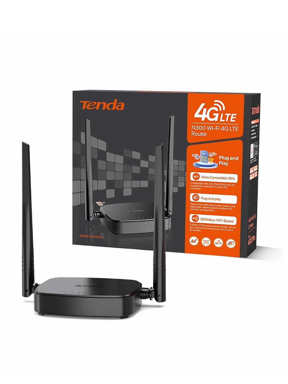 روتر Tenda 4G SIM - روتر WiFi موبایل 3G/4G باند بیسیم 2.4 گیگاهرتز، LTE Cat4، پورت سریع اترنت LAN/WAN، آنتن خارجی 2 * 4dBi، سیمکارت نانو، Plug and Play، 4G03 Pro