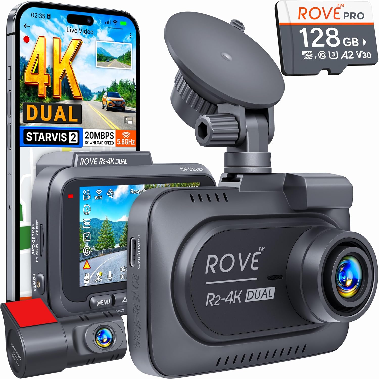 ROVE R2-4K DUAL Dash Cam جلو و عقب، سنسور STARVIS 2، کارت 128 گیگابایتی رایگان، وای فای 5G - تا 20 مگابایت بر ثانیه سریعترین سرعت دانلود با برنامه، دوربین داش 4K 2160P/FHD برای اتومبیل، 3 اینچ IPS، پارکینگ 24 ساعته
