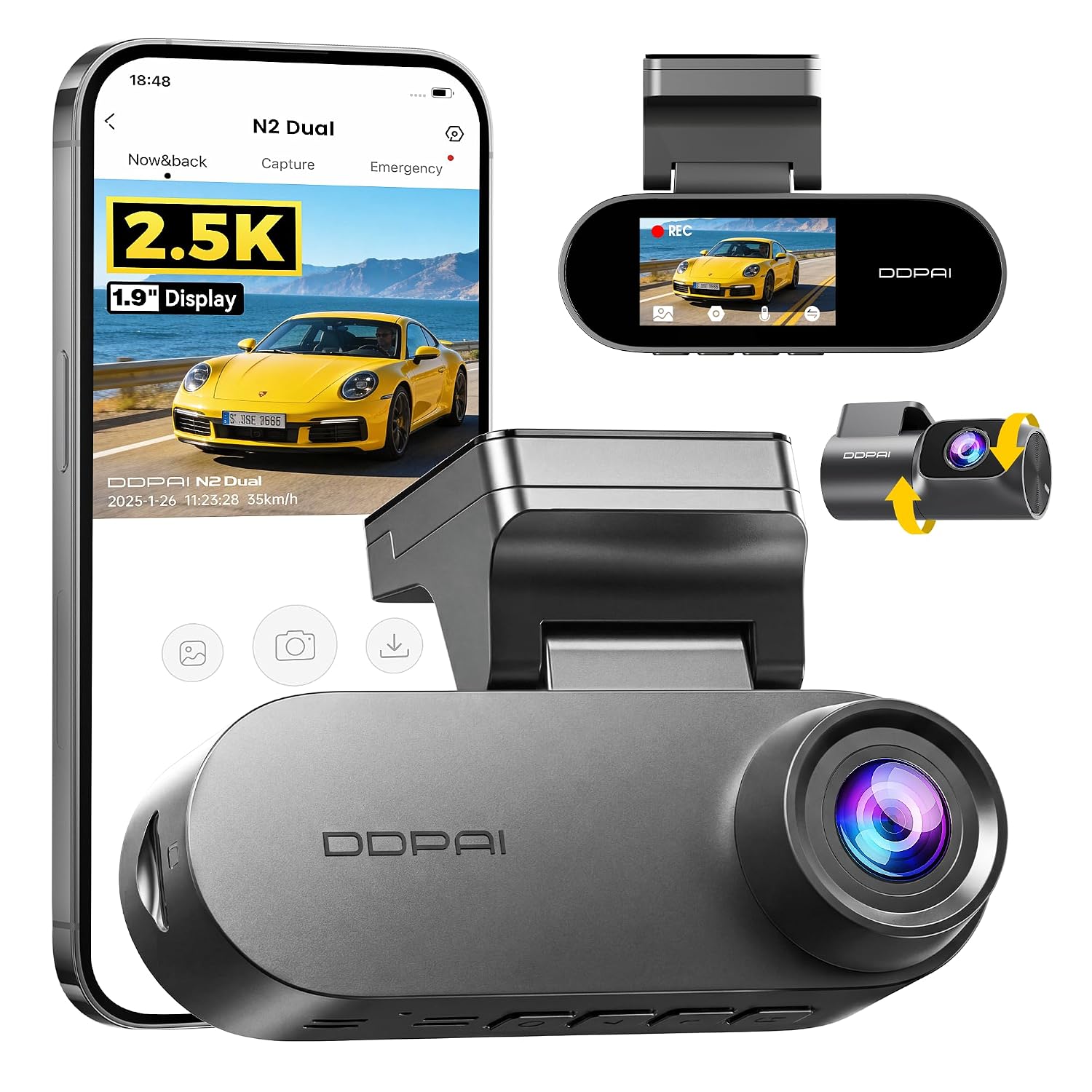دوربین داش کم DDPAI برای اتومبیل ها، جلو و عقب 2.5K+1080P، دوربین داش کم با صفحه نمایش 1.9 اینچی با WiFi، دید در شب هوش مصنوعی، ضبط حلقه، مانیتور پارکینگ 24 ساعته، سنسور G، پشتیبانی حداکثر 256G، N2 Dual