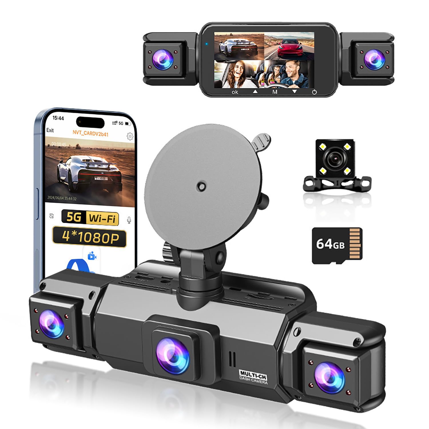 دوربین 4 کانالی داش کم 360 درجه جلو و عقب و چپ و راست داخل دوربین برای اتومبیل، GPS و وای فای باند 5G، دید در شب، زاویه عریض 180، WDR، حالت پارک 24 ساعته، کارت 64 گیگابایتی همراه