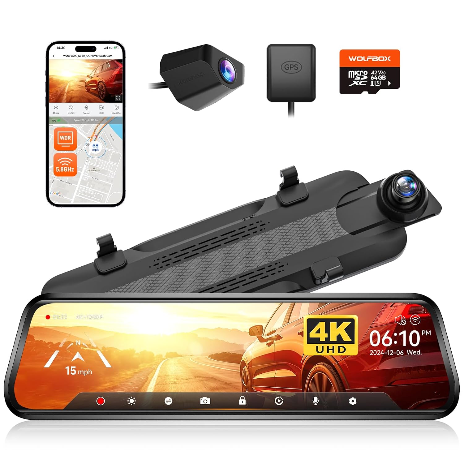 دوربین آینه دید عقب 10 اینچی WOLFBOX G930 با وای فای 5.8 گیگاهرتز، دوربین داش کم 4K جلو و عقب با WDR، دوربین پشتیبان آینه با صفحه لمسی، مانیتور پارکینگ، کمک معکوس، شامل کارت 64 گیگابایتی و GPS