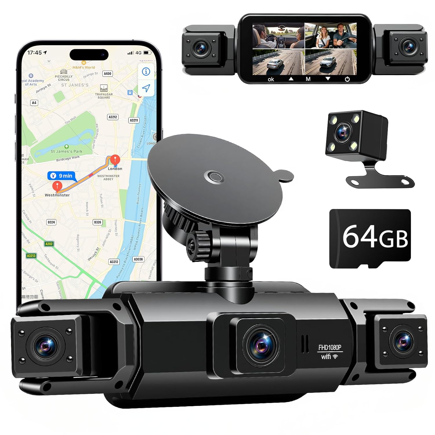 دوربین داش 360 Car Dash Cam4 کانال داش برای اتومبیل ها در جلو و عقب داخل 1080Px4 داش کم برای اتومبیل ها 247 دوربین اتومبیل Night Vision360 داخلی GPS5G WiFiLoop Recording Mode Parking