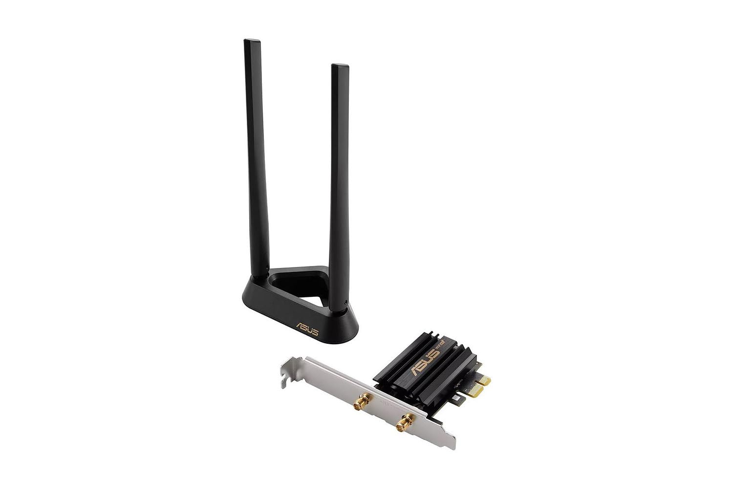 آداپتور ASUS PCE-AXE59BT WiFi 6E PCI-E با 2 آنتن خارجی، پایه مغناطیسی، پشتیبانی از باند 6 گیگاهرتز، 160 مگاهرتز، بلوتوث 5.2، امنیت شبکه WPA3، OFDMA، MU-MIMO - مشکی