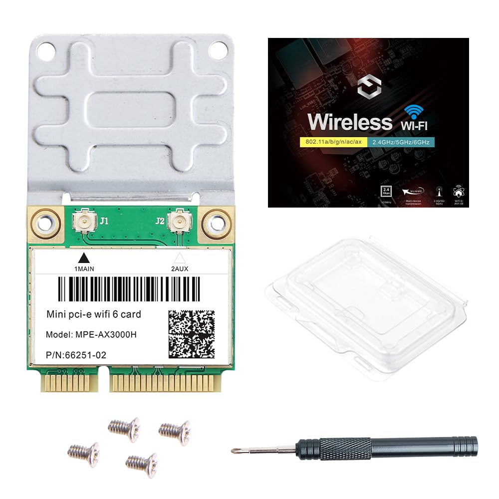 MPE-AX3000H WiFi 6 کارت بی سیم دو باند 802.11ax Half Mini PCI-E آداپتور شبکه BT5.2 2.4GHz 574Mbps 5GHz 2.4Gbps (160MHz) برای ویندوز 10/11 64MW26 Th0 Better حداکثر 2.4 گیگابیت در ثانیه (5 گیگاهرتز) + 574 مگابیت در ثانیه (2.4 گیگاهرتز)، OFDMA و MU-MIMO، WPA3، 160 مگاهرتز، Win10/11 64 بیتی، ارتقاء لپ تاپ