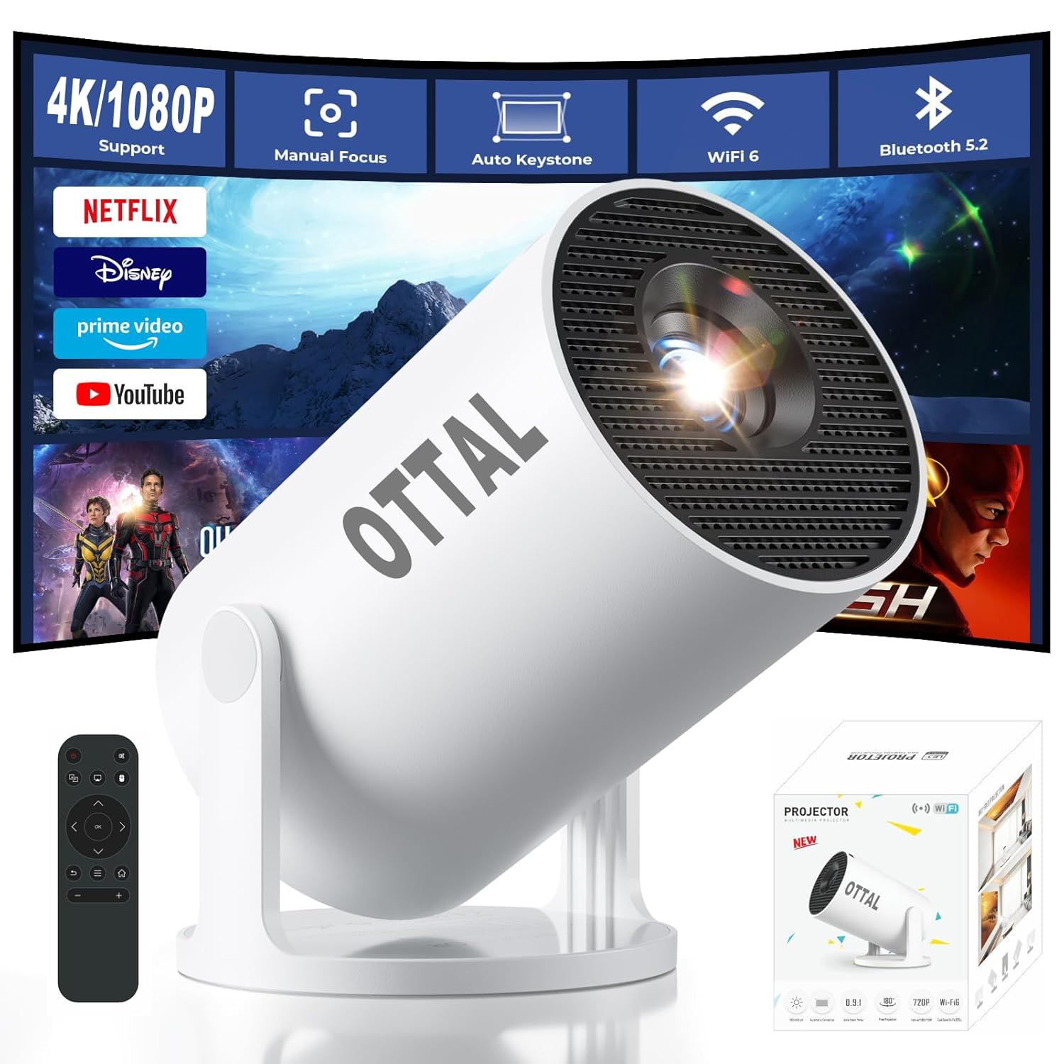 مینی پروژکتور HY300 Pro+ ارتقا یافته جدید با برنامه های داخلی وای فای و بلوتوث، پروژکتور قابل حمل هوشمند با چرخش 180 درجه، کیستون خودکار، پشتیبانی از 4K، سازگار با HDMI/USB/TV Stick/تلفن/لپ تاپ