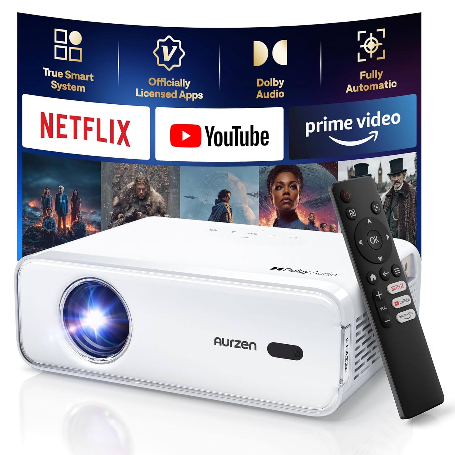 پروژکتور هوشمند Aurzen Eazze D1 با WiFi و بلوتوث، دارای مجوز رسمی نتفلیکس، فوکوس خودکار و کیستون، صدای DoIby، زوم، فیلم Native 1080P، مینی پروژکتور قابل حمل در فضای باز، سفید