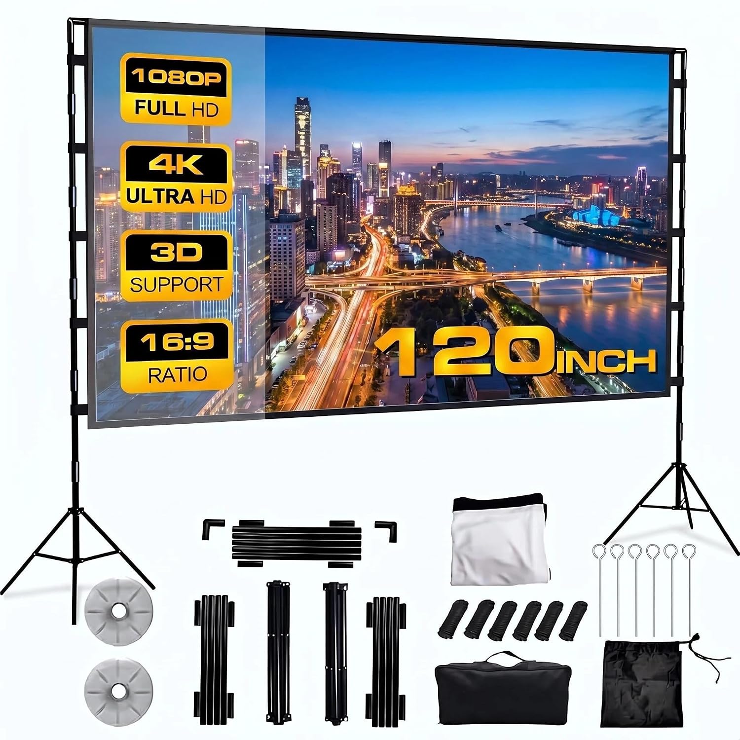 صفحه نمایش پروژکتور NEKIT با پایه 120 اینچی، صفحه نمایش فیلم پروژکتور قابل حمل در فضای باز، صفحه نمایش پروژکتور داخلی با کیف حمل 16:9 Full HD پشتیبانی 4K قابل تنظیم ارتفاع برای سینمای خانگی