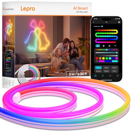 Lepro N1 AI Smart Rainbow Neon Light Strip 3M، 96 LED/M، کار با Alexa، Google Home، Music Sync، دستیار طراحی روشنایی هوش مصنوعی، چراغ طناب IP65، چراغ LED MagicColor، برنامه و کنترل صوتی، بدون کنترل از راه دور