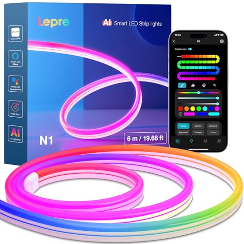 Lepro N1 AI Smart Rainbow Neon Light Strip 6M، 96 LED/M، کار با Alexa، Google Home، Music Sync، دستیار طراحی روشنایی AI، چراغ طناب IP65، چراغ LED MagicColor، برنامه و کنترل صوتی، بدون کنترل از راه دور