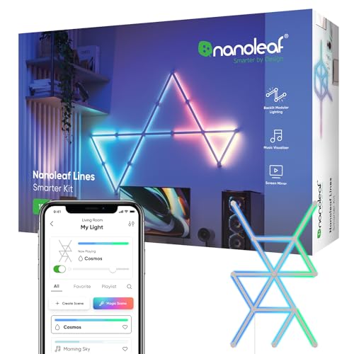 Nanoleaf Lines 60 درجه وای فای هوشمند RGBW 16M+ LED رنگی کم نور کیت شروع بازی و چراغ های دیواری دکور خانه (15 خط نور LED)…
