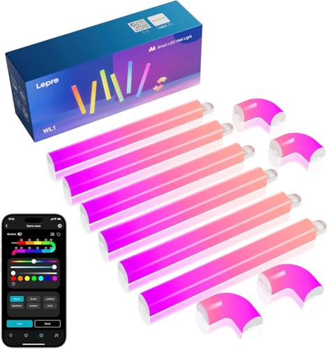 چراغهای دیواری هوشمند Lepro WL1 AI، نوار نور RGB همگامسازی موسیقی، کنترل صوتی، طراح روشنایی هوش مصنوعی شخصیشده، برای دکور خانه، نور بازی، کار با الکسا، دستیار Google، ۶ عدد با ۴ گوشه