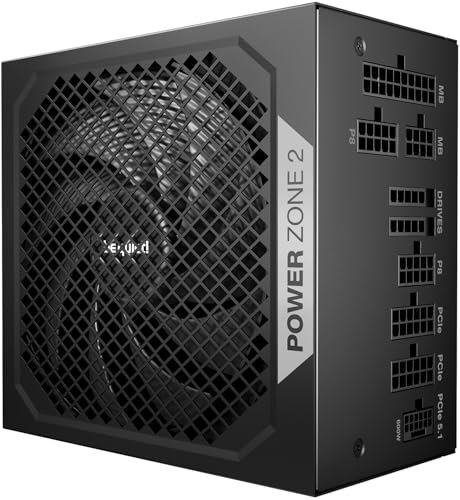 ساکت باش منبع تغذیه 850 واتی Power Zone 2، گواهی پلاتینیوم 80 پلاس و Cybenetics، خنک کننده نیمه غیرفعال، بال خالص 3 فن 140 میلی متری، زاویه 90 درجه اتصال 12 V-2x6، PCIe 5.1/ATX 3.1