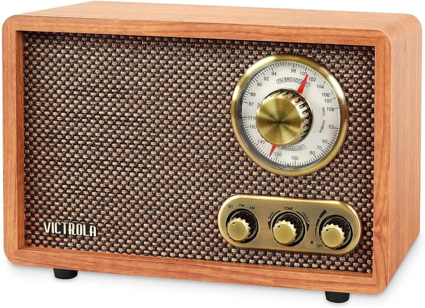 رادیو بلوتوث Victrola Retro Wood با بلندگوی داخلی، طراحی زیبا و قدیمی، صفحه تنظیم چرخشی AM/FM، استریم بیسیم، گردو | رادیو رومیزی چوبی فشرده، صفحه چرخشی آنالوگ AM/FM، استریم بلوتوث، بلندگوهای داخلی، کنترلهای باس و سهبلند