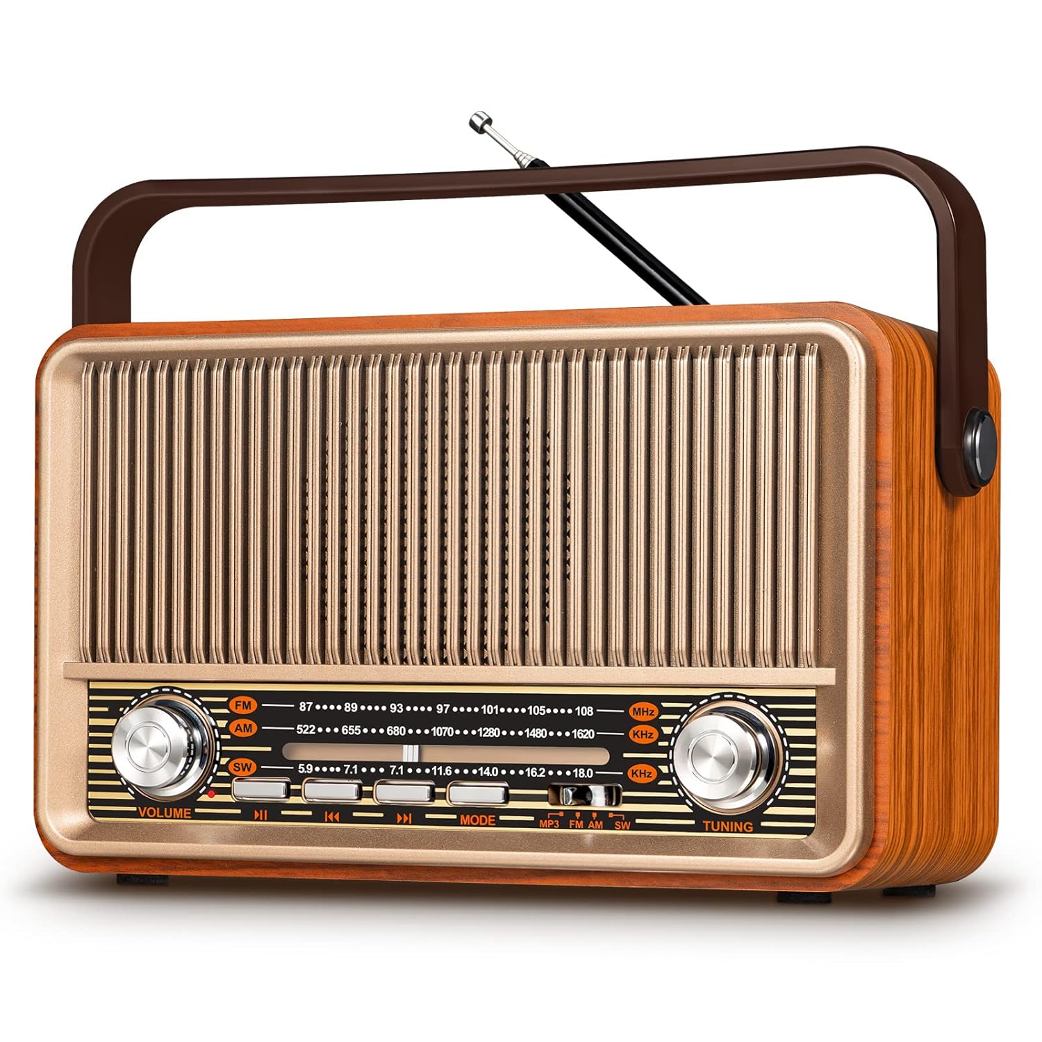 PRUNUS J-120 رادیو بلوتوث قدیمی AM/FM/SW قابل شارژ و AC | رادیو بلوتوث قدیمی با باتری 1800 میلی آمپر ساعتی، برق اصلی و پخش USB/TF/AUX برای خانه