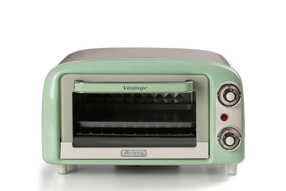Ariete 3919 Vintage Minibackofen, 10 L Fassungsvermögen, zum Backen Oder Erwärmen von Speisen, دما 230 درجه سانتیگراد, تایمر 60 دقیقه ای, Edelstahl-Grill, 800W, Doppelverglasung, Grün