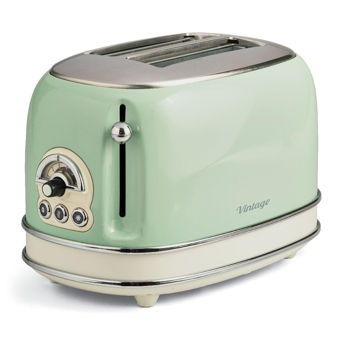 توستر Ariete Vintage 2 Slice، 810W، 6 سطح قهوه ای شدن، دیوارهای سرد، پایه های ضد لغزش، خروج خودکار، با عملکرد یخ زدایی، گرم کردن مجدد، پخت و پز و لغو، سینی خرده نان قابل جابجایی - سبز ART155/14