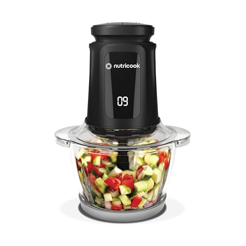 خردکن و خردکن شیشه و SS Nutricook 1.2 + 1.2 L، 500 وات - پالس و 2 سرعت، 2 - تیغه 4 SS قابل جابجایی برای خرد کردن، یخ خرد کردن، چرخ کردن گوشت، آسیاب کردن، پوره کردن و موارد دیگر - BLk، 2 سال گارانتی، NC-CH10